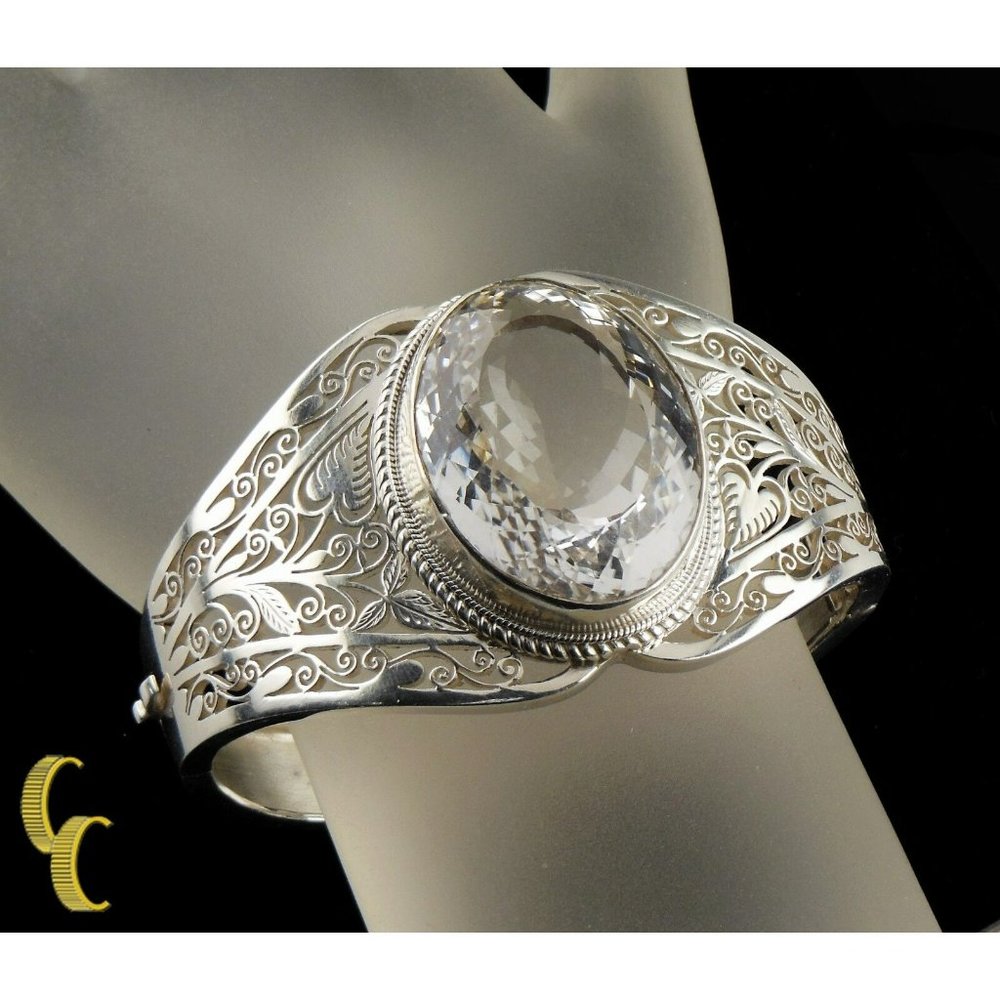 Sterling Silver .925 Bangle Bracelet Colorless Spinel Leaf Vine Design